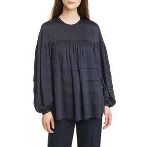 Club Monaco Layered Tier Tuck Top Navy Blue Babydoll Blouse Silk Sz XXS NEW $198